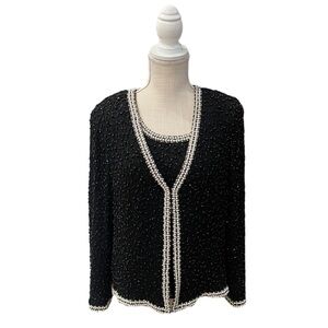 Draper’s & Damon’s Petites Black Sequins Faux Beaded Pearl Set Cardigan w/Top